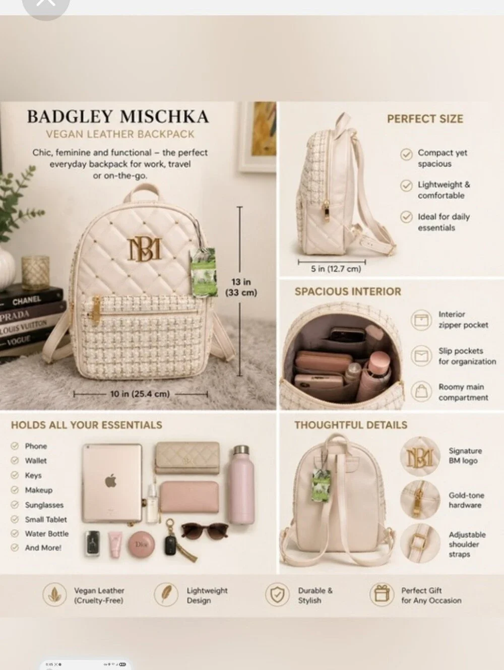 NWT-Badgley Mischka Beige Studded Tweed Vegan Leather Backpack. $179 MSRP.